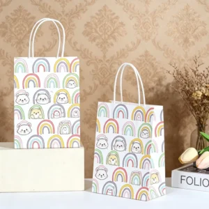 Custom Logo Christmas Paper Gift Bag Pastel Rainbow Bear Kawaii Holiday Party Bag Twisted Handle