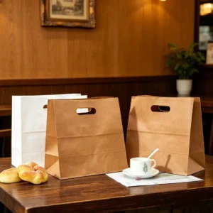 Custom Logo Die-Cut Handle Kraft Paper Bag for Bakery, Coffee, and Restaurant Takeaway Packaging