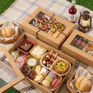 Custom Logo Disposable Portable Sushi Food Box with Window, Eco-Friendly Kraft Paper Handle Takeaway Container