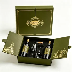 Custom Logo Double-Door Rigid Recyclable Red Wine Gift Box with Matte Lamination for Wine, Whiskey, or Brandy