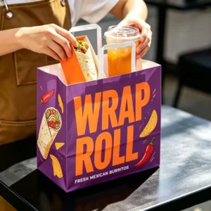 Custom Logo Eco-Friendly Kraft Paper Takeout Bag for Fast Food and Shawarma, Biodegradable with Handle
