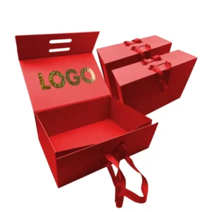 Custom Logo Embossed Rigid Red Eco-Friendly Cardboard Gift Packaging Box with Magnetic Closure and Ribbon