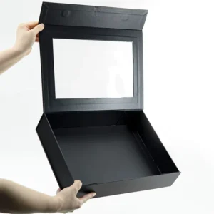 Custom Logo Folding Collapsible Rigid Book-Style Black Matte Magnetic Gift Box with Transparent Window