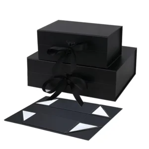 Custom Logo Folding Gift Box Pink and Black Rectangle Magnetic Paper Box with Ribbon