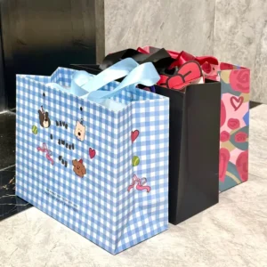 Custom Logo Folding Kraft Paper Retail Shopping Bag with Ribbon