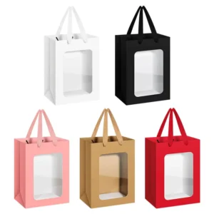 Custom Logo Gift Packaging Paper Bags with Window and Handles for Business, Wedding, Baby Shower and Party Favors