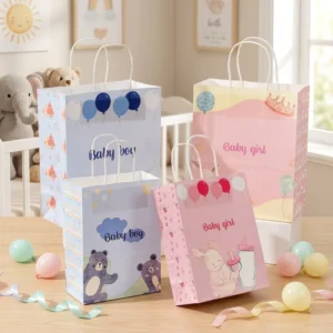 Custom Logo Kraft Paper Carry Bag with Handle for Baby Gifts, with Stickers