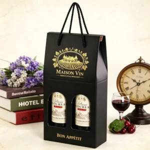 Custom Logo Kraft Paper Whisky Wine 2 Bottle Gift Box Handheld Carrier Packaging with Hot Stamping and Embossing
