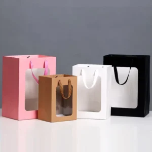 Custom Logo Luxury Paper Shopping Bag Foldable Paper Bag with Window Packaging with Ribbon