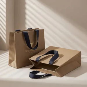 Custom Logo Luxury Textured Brown Kraft Paper Bag Eco-Friendly Boutique Shopping Bag With Wide Grosgrain Ribbon Handle