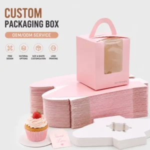 Custom Logo Pink Clear Window Single Cupcake Box with Handle Paper Insert Cardboard Bakery Takeaway Gift Packaging