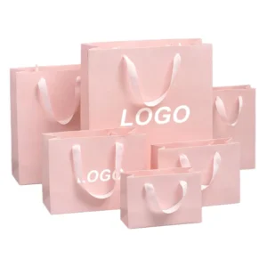 Custom Logo Pink Paper Shopping Bags with Ribbon Handles and Matte Finish