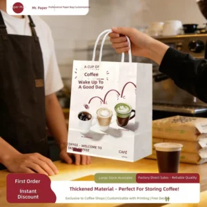 Custom Logo Printable Kraft Paper Disposable Takeaway Handheld Bags for Coffee Milk Tea Shop Food Packaging