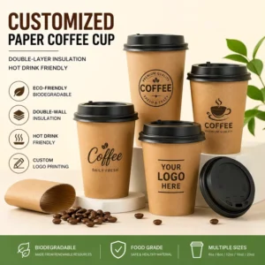 Custom Logo Printed Biodegradable Disposable Double Wall Paper Coffee Cup With Lid For Hot Drinks Cafe Takeaway