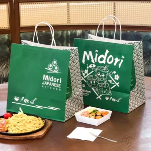 Custom Logo Printed Biodegradable Recyclable Kraft Paper Takeaway Bags with Handles for Noodles or Sushi