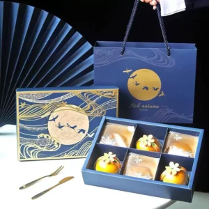 Custom Logo Printed Dark Blue Mid-Autumn Mooncake Paper Box, 6-Grid Divider, Pastry Gift Box Set with Paper Bag