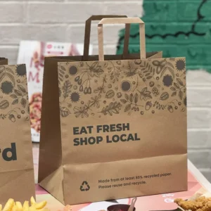 Custom Logo Printed Kraft Paper Take Away Carry Bags Ribbon for Restaurants Fast Food Offset Printing Recyclable Biodegradable