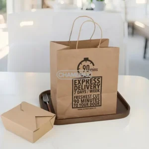 Custom Logo Printed Kraft Paper Takeaway Carryout Bags with Handles Offset Printing & Ribbon for Restaurants & Fast Food
