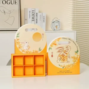 Custom Logo Printed Orange Mid-Autumn Mooncake Paper Box, 6-Grid Divider, Pastry Gift Box with Handle
