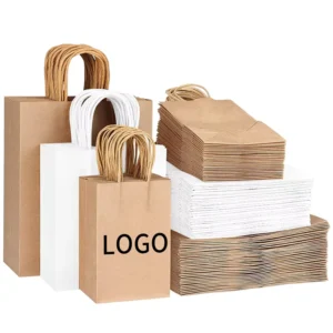 Custom Logo Printed Recyclable Luxury Coffee Takeaway Supermarket Food Packaging Kraft Paper Bag Magnetic Closure Ribbon Handle