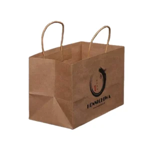 Custom Logo Printed Recyclable Natural Brown Kraft Paper Food Takeaway Bag with Handle
