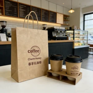 Custom Logo Printed Reusable Eco Friendly White Kraft Paper Takeaway Bag with Cotton Rope Handle for Coffee and Food