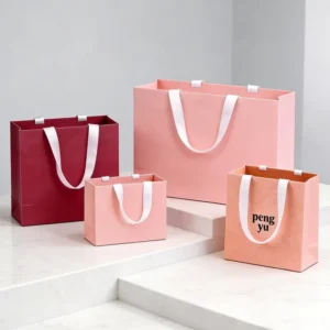 Custom Logo Retail Branded Pink Clothing Cosmetics Shoes Underwear Packaging Shopping Bag with Handles and Coated Paper