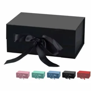 Custom Logo Ribbon Closure Magnetic Black Rigid Cardboard Folding Paper Gift Box with Glossy Lamination and Embossing