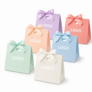 Custom Logo Ribbon Gift Bag, Macaron Color Series, Square Recycled Kraft Paper with Twisted Handles and High-Gloss Finish
