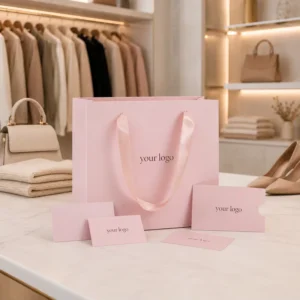 Custom Logo UV-Printed White Paper Gift Bag with Ribbon Handle for Clothing
