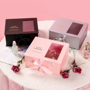 Custom Luxury Square Hard Rigid Paperboard Gift Box with Window and Ribbon Matt Lamination Custom Size for Cosmetic Packaging