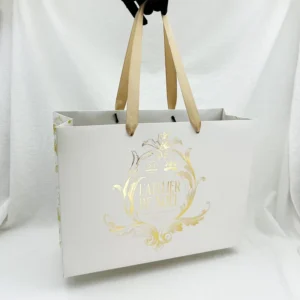 Custom Luxury White Card Paper Shopping Gift Bag With Gold Foil Logo, Handle, For Clothing and Garment Packaging
