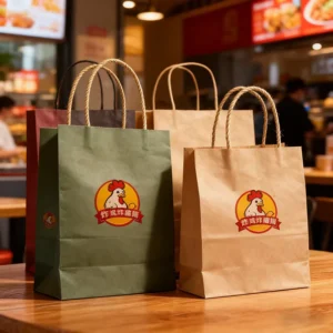 Custom Made Flat Paper Handles Brown Takeout Takeaway Fast Food Kraft Paper Bag for Restaurant Packaging