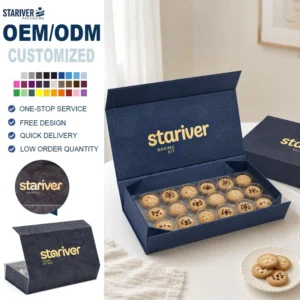 Custom Magnetic Flip Top Food-Grade Navy Blue Embossed Paper Gift Box for Cookie Baking Kit and Pastry Packaging