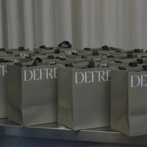 Custom Matte Sage Green Paper Shopping Bag White Big Logo Black Satin Ribbon Luxury Apparel Packaging Bag