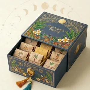 Custom Mid-Autumn Festival Gift Box, Rigid Cardboard Drawer Box with Metal Pull Ring for Mooncake Dessert Packaging