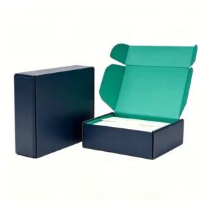 Custom Navy Blue Corrugated Mailer Box with Green Interior, Foldable Shipping Cardboard Box for Apparel, Cosmetics Gifts