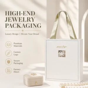 Custom OEM Art Paper Jewelry Gift Bag with Satin Ribbon, Gold Foil Stamp, and Die-Cut Design for Weddings