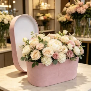 Custom Oval Coated Paper Flower Gift Box with Rose Design, Gold Foil, Matt/Glossy Lamination, Sponge Lining, Embossing, and Ribbon