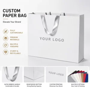 Custom Paper Shopping Bag for Cosmetics, Clothing, Shoes, and Gifts with Ribbon Handle and Logo