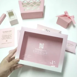 Custom Pink Cosmetic Skin Care Paper Box Packaging Print Folding White Cardboard Paper Boxes with Clear PVC Window