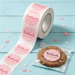 Custom Pink Heart Round Handmade Stickers with Cute Handcrafted Sealing Labels for Bakery and Small Business Gift Packaging