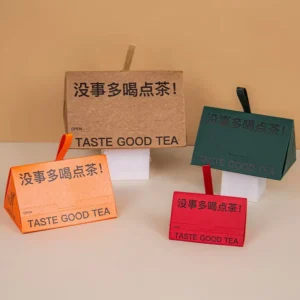 Custom Print Foldable Triangle Mini Green Paper Tea Gift Box with Ribbon Handle for Tea Bags