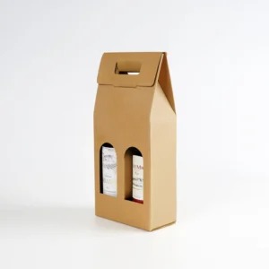 Custom Printed 2 Bottle Kraft Corrugated Wine Box with Die Cut Handle