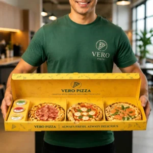 Custom Printed 3-Compartment Pizza Box Food Grade Cardboard Packaging for Mini Pizzas Eco-Friendly Takeaway Box