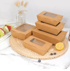 Custom Printed Biodegradable Corrugated Kraft Paper Lunch Box with Window for Restaurant Takeaway
