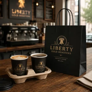 Custom Printed Black Gold Coffee Cups Paper Bags Cup Carrier Coffee Shop Takeaway Packaging Set with Logo