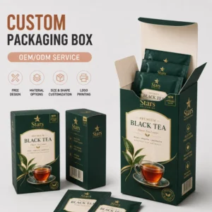 Custom Printed Black Tea Sachet Folding Carton, 350GSM Tuck Tea Bag Box