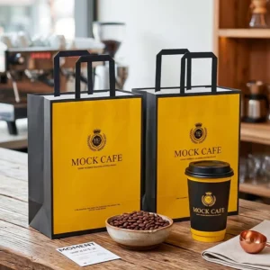 Custom Printed Black-Yellow Paper Takeaway Bags with Handles Coffee Shop Bags for Beverages