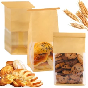 Custom Printed Brown Kraft Paper Bread Bags Clear Window Tin Tie Food Grade Greaseproof Bakery Packaging Toast Bag